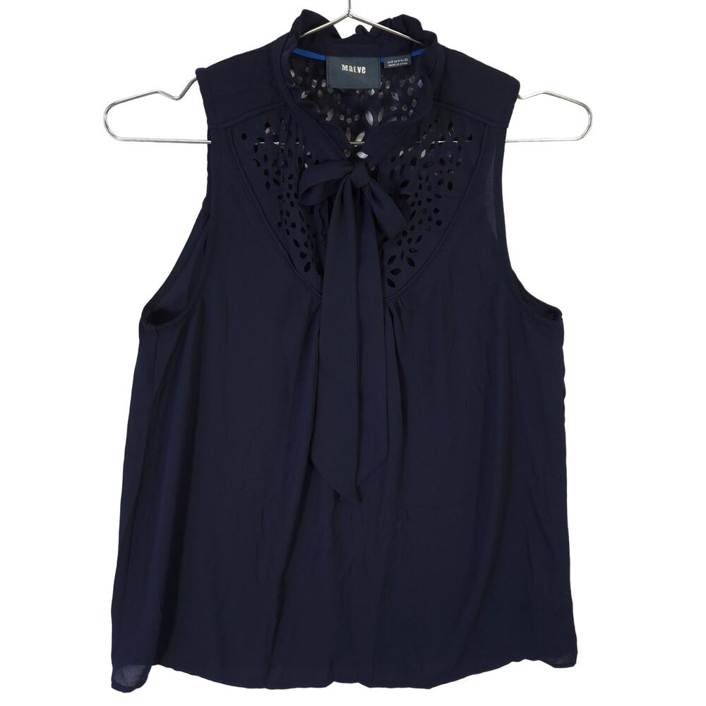 Anthropologie Maeve Blouse Womens 0 Navy Blue Luca Tie Ruffle Neck Sleeveless
